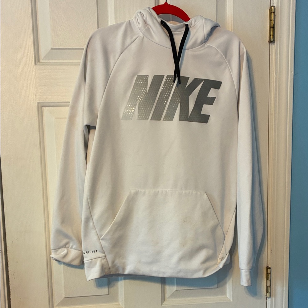 Nike Men's White Dri Fit Hoodie with Gray Logo